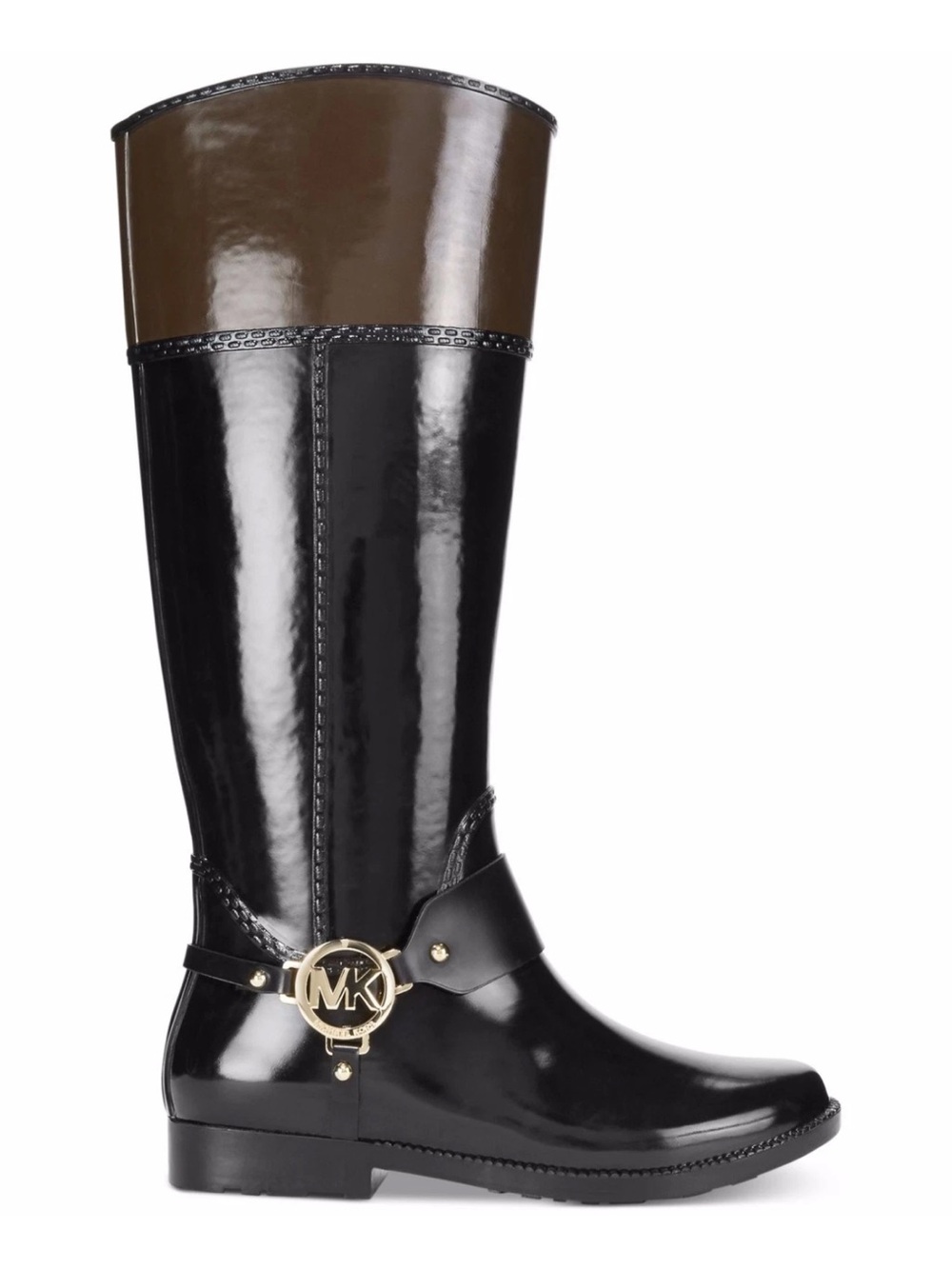 Michael Kors Pulton Harness Rain Boots black coffee Rubber MK silver logo Size 8